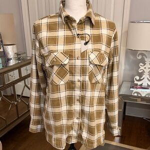 Better Unsaid Plaid Flannel Button-Up Shirt Tan & White Soooo Soft NWT Small
